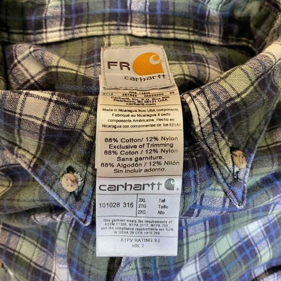 Carhartt Big & Tall Flame Resistant Classic Plaid Long Sleeve Shirt Size 2XL T - Picture 7 of 8